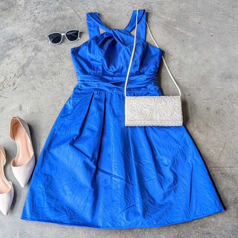 David's Bridal Blue Halter Neck Fit and Flare Short Bridesmaid Dress